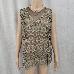 Elegant Vintage Black Mesh Lace Sleeveless Top Metallic Gold Embroidery Sheer